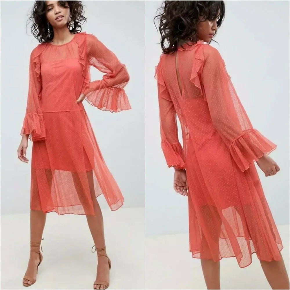 ASOS Dress Midi Pink Ruffle Sheer Dobby Mesh Long Bell Sleeve